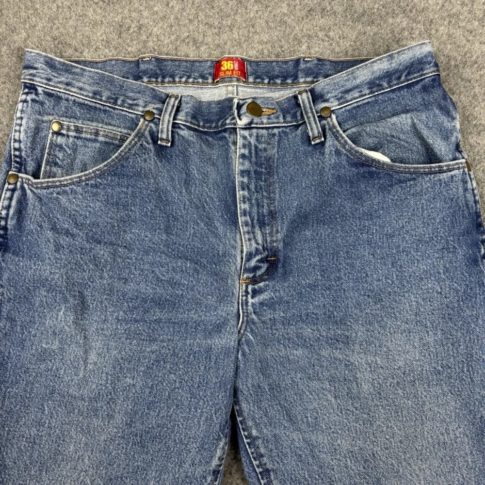Wrangler 36MWZ Slim Fit Jeans Mens 35x32 Cowboy Cut Medium Wash Blue Western EUC